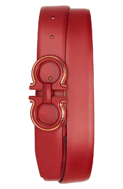 Ferragamo Men's Smooth Leather Belt With Enamel Gancini Buckle In Rosso