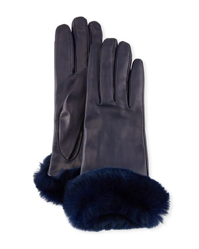 Guanti Giglio Fiorentino Leather Gloves W/ Fur Cuffs In Navy
