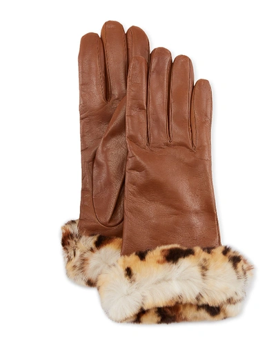Guanti Giglio Fiorentino Leather Gloves W/ Fur Cuffs In Leopard