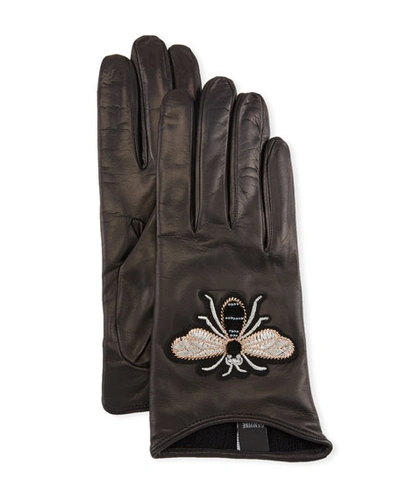Guanti Giglio Fiorentino Embroidered Bee Leather Gloves In Black