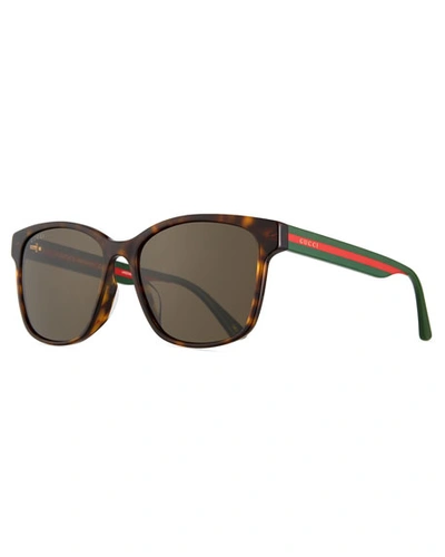 Gucci Men's Square Tortoise Acetate Sunglasses With Signature Web In Brown Pattern