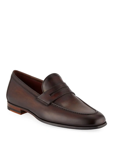 Neiman Marcus Men's Leather Penny Loafers In Brown