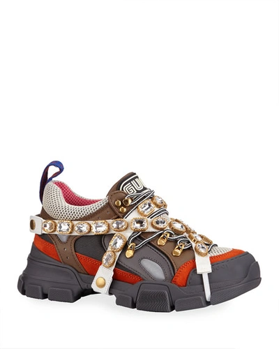 Gucci Men's Leather And Canvas Sneakers With Removable Crystals In Multi