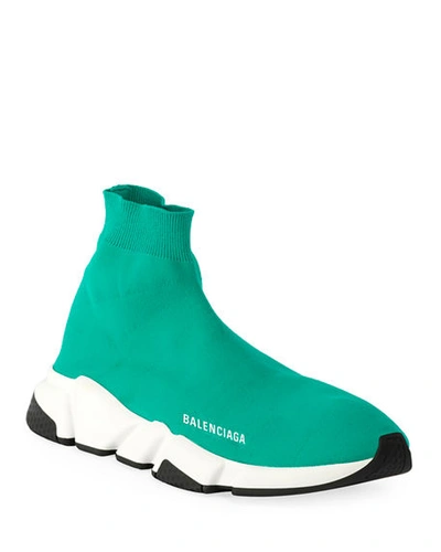Balenciaga Men's Speed Mid-top Trainer Sock Sneakers In Turquoise
