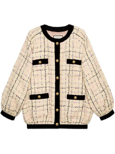 Gucci Cotton-blend Bouclé-tweed Bomber Jacket In 9283 Ivory/ Pink/ Light Blu