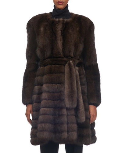 Tsoukas Belted Vertical Sable Fur Stroller Coat With Horizontal Flare Skirt In Brown