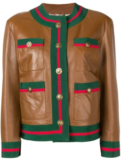 Gucci Ribbon-trim Button-front Leather Jacket In Brown