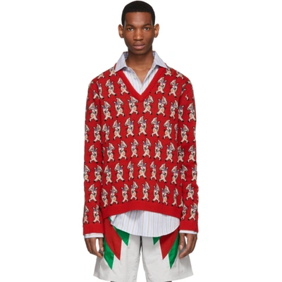 Gucci Men's Pig-intarsia V-neck Sweater In Red