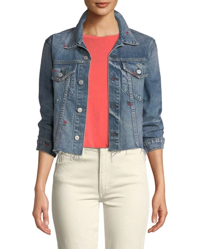 Amo Denim Pop Embroidered Cropped Denim Jacket In Rosebud Embroid