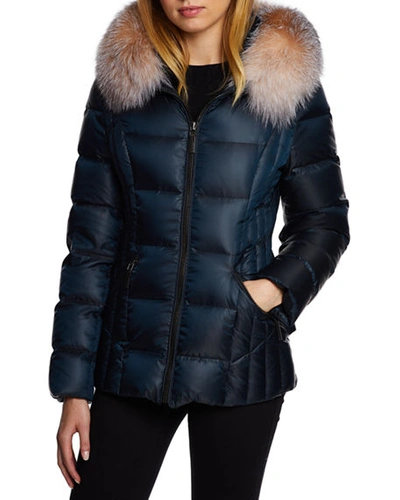 Dawn Levy Nikki Fox-fur Trim Mid-weight Puffer In Sapphire