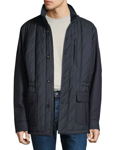 Luciano Barbera Men's Quilted Wool Field Jacket With Packaway Hood In Blue