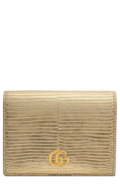 Gucci Petite Marmont Laminated Lizard Flap Card Case In Oro/ Mekong