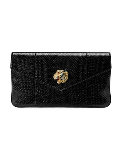 Gucci Rajah Snakeskin Envelope Clutch Bag In Black