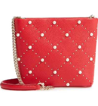 Kate Spade Hayes Street - Ellery Imitation Pearl Studded Leather Crossbody Bag - Red In Royal Red