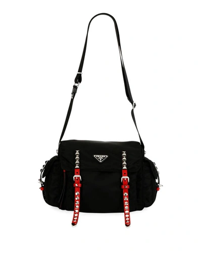 Prada Black Nylon Messenger Bag With Studding In Black/red