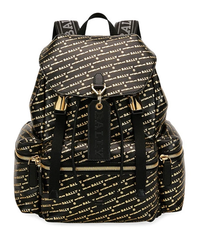 Bally Men's Logo-print Leather Backpack In Black/gold