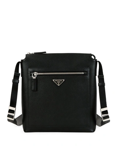 Prada Men's Saffiano Leather Travel Crossbody Bag In Black