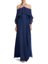 Halston Heritage Flounce Cold-shoulder Gown In Navy