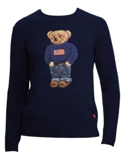 Ralph Lauren Cashmere Flag Bear Sweater In Navy