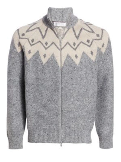 Brunello Cucinelli Jacquard Full-zip Cashmere Sweater In Light Grey