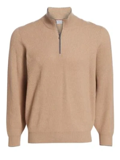 Brunello Cucinelli Half Zip Rib-knit Wool, Silk & Cashmere Jumper In Mauve