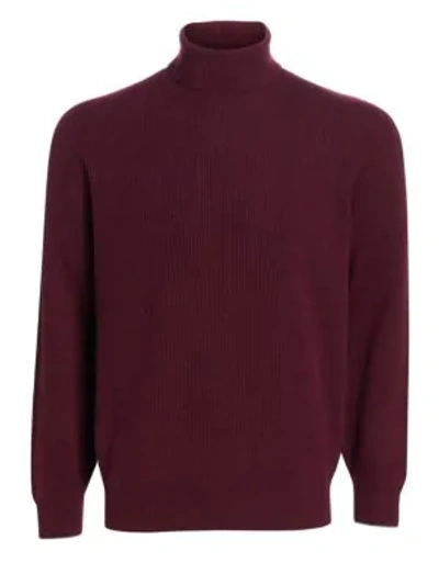 Brunello Cucinelli Rib-knit Wool, Silk & Cashmere Turtleneck Sweater In Wine