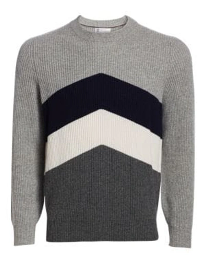 Brunello Cucinelli Sport Graphic Wool, Silk & Cashmere Rib-knit Crew Sweater In Navy Grey