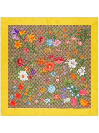Gucci Silk Scarf With Gg Flora Print In Yellow Flora Silk