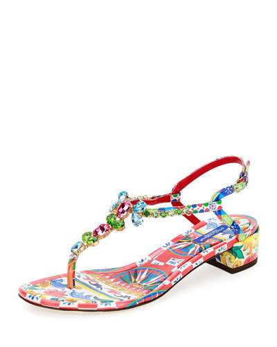 Dolce & Gabbana Jeweled Carretto-print T-strap Sandal, Multi | ModeSens