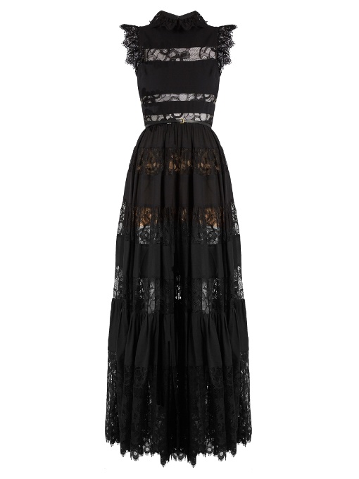 Elie Saab Lace-panelled Ruffled Georgette Gown In Black | ModeSens