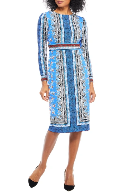 Maggy London Paisley Puzzle Scuba Crepe Sheath Dress In Blue/ Red Apple