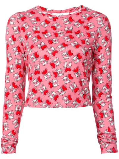 Alice And Olivia X Keith Haring Delaina Heart Holding Long Sleeve Tee In Pink