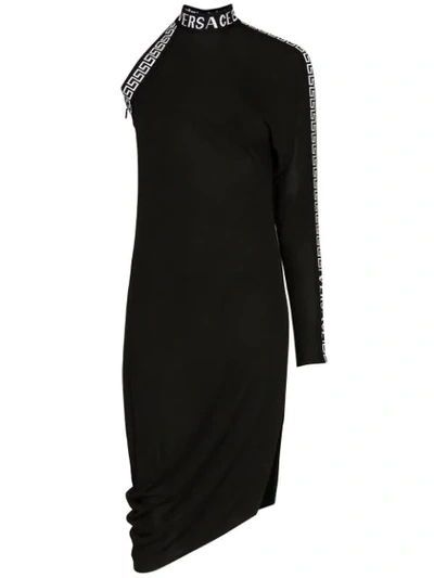 Versace One-sleeve Intarsia Jersey Midi Dress In Black