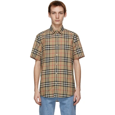Burberry Shirt With Tartan Motif And Short Sleeve In Beige