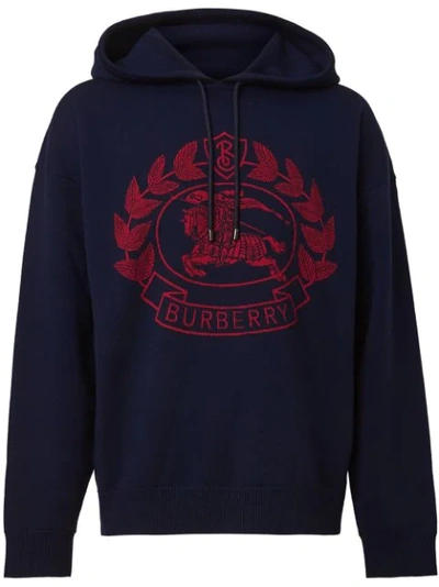 Burberry Hooded Jacquard Sweater With Logo-crest In Dark Blue
