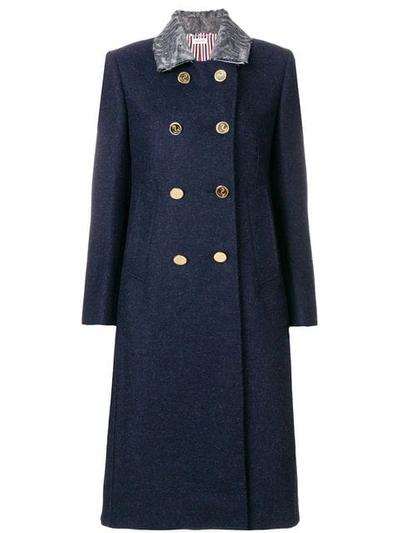 Thom Browne Fur Top Collar Wool Overcoat In 415 Navy