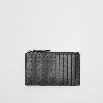 Burberry Perforated Check Leather Zip Card Case In Black