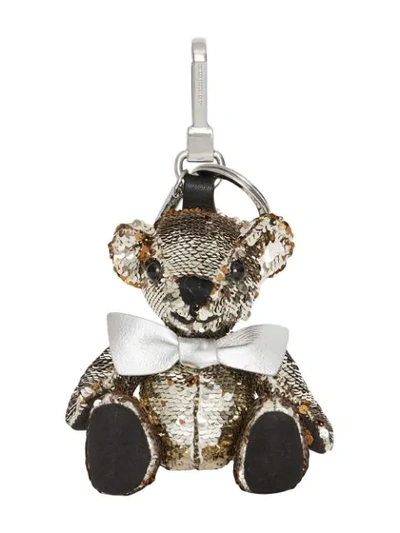 Burberry Thomas Bear Charm In Sequins And Leather In Silver