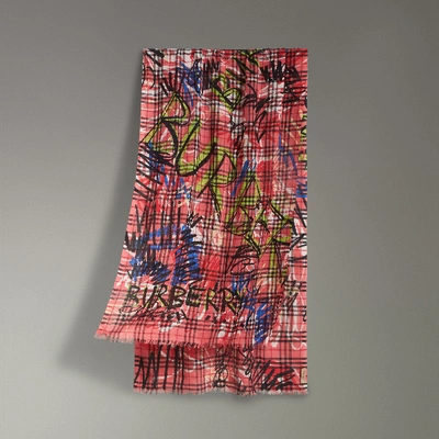 Burberry Graffiti Print Vintage Check Wool And Silk Scarf In Blossom Pink |  ModeSens