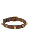 Gucci Feline Head Stud Leather Bracelet In Brown