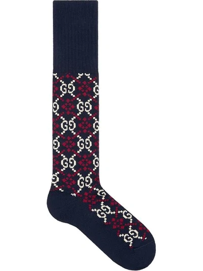 Gucci Gg Diamond Intarsia Cotton-blend Socks In Navy