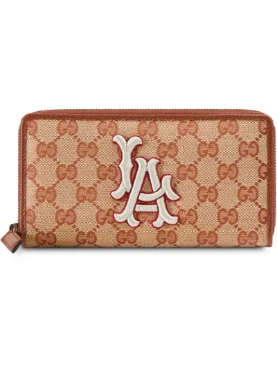 Gucci Original Gg Zip Around Wallet With La Angels Patch&trade; In Beige/brick Red Original Gg Canvas