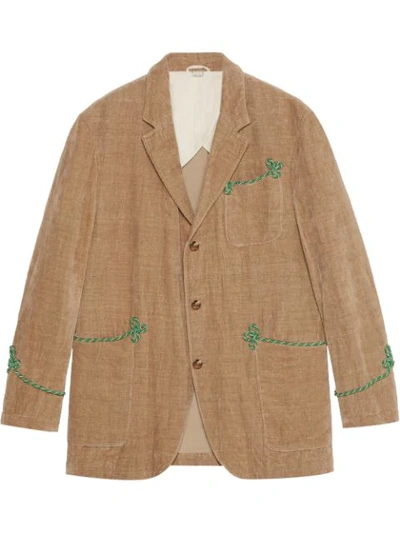 Gucci Beige Passementerie-trimmed Embroidered Cotton And Linen-blend Velvet Blazer In Neutrals