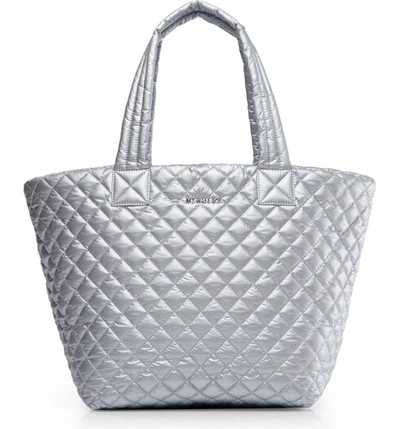 Mz Wallace Metro Medium Quilted Metallic Shell Tote In Dove Gray/silver