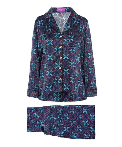 Liberty London Harlequin Iphis Silk Satin Long Pyjama Set In Navy