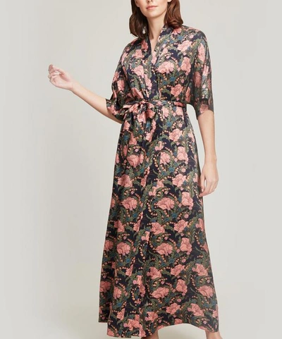 Liberty London June Silk Satin Long Kimono In Navy