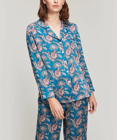 Liberty London Leontine Silk Satin Long Pyjama Set In Teal