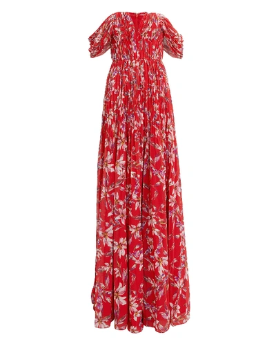 Amur Kyla Chiffon Strapless Floral Gown In Red