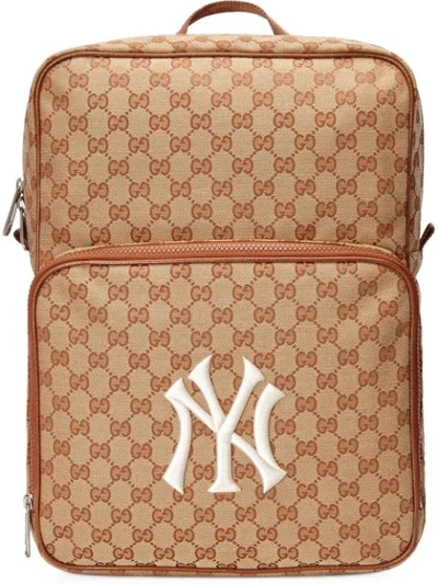 Gucci Brown Ny Yankees Patch Medium Canvas Backpack In Purple