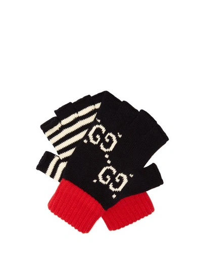 Gucci Men's Interlocking G & Stripe Knit Fingerless Gloves In Navy